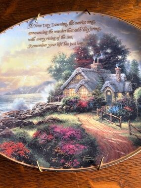 Thomas Kinkade Coastal Cottage Plate in Blue, Green, Pink, Gold